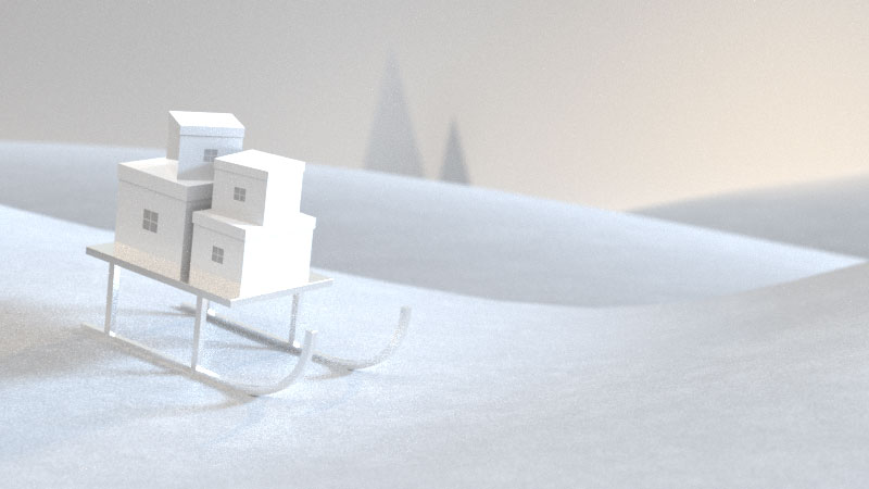 Snowy hills and a sled with gifts on it