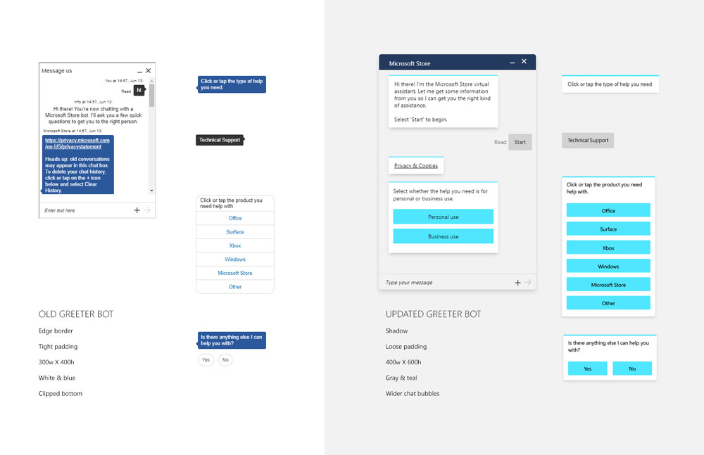 A side-by-side complarison of the old chatbot and the redesigned chatbot